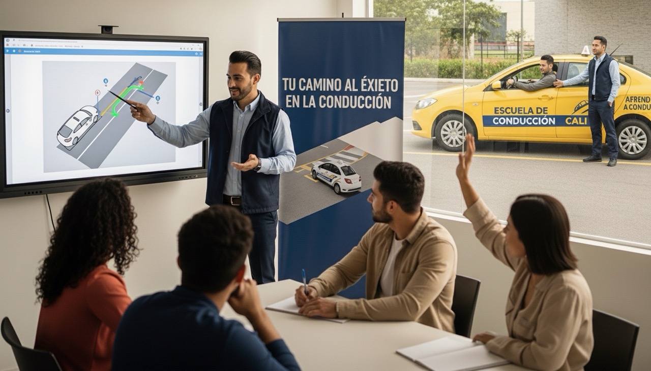 Persona adulta explicando a los clientes lo que debe tener una escuela de conducción en cali para que sea buena elección.
