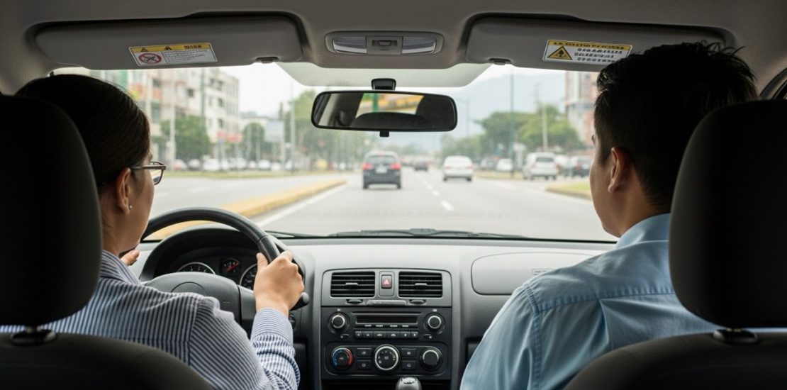 Escuela de conducción en Cali enseñando a aprender a manejar carro con instructor profesional y estudiante principiante en clase práctica