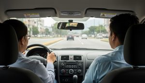 Escuela de conducción en Cali enseñando a aprender a manejar carro con instructor profesional y estudiante principiante en clase práctica
