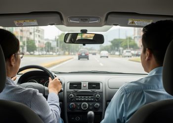 Escuela de conducción en Cali enseñando a aprender a manejar carro con instructor profesional y estudiante principiante en clase práctica
