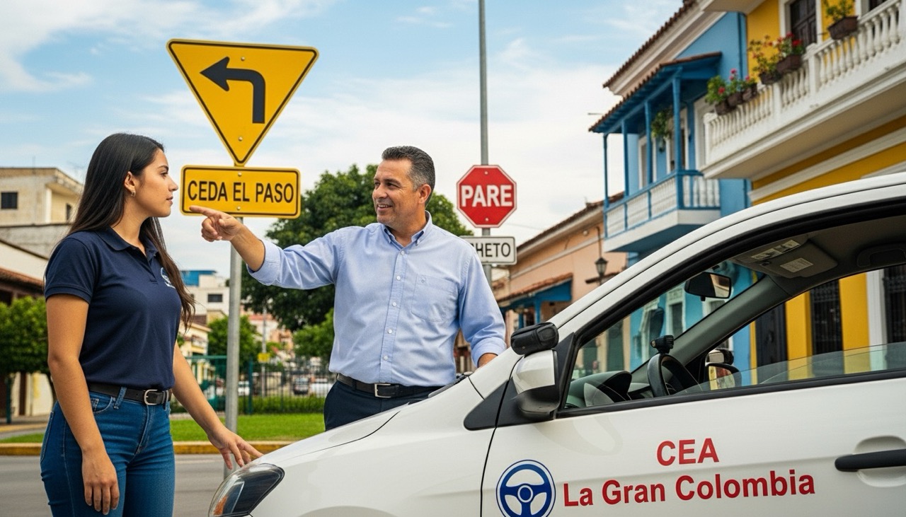 Instructor explicando a estudiante cómo funciona el curso para sacar licencia de conducción en una escuela de conducción en Cali.