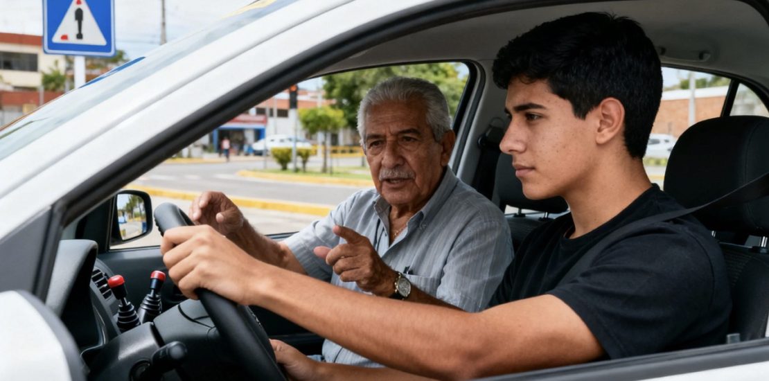 Estudiante aprendiendo a manejar con instructor en escuela de conducción en Cali durante curso para obtener licencia de conducción.