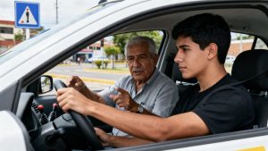 Estudiante aprendiendo a manejar con instructor en escuela de conducción en Cali durante curso para obtener licencia de conducción.