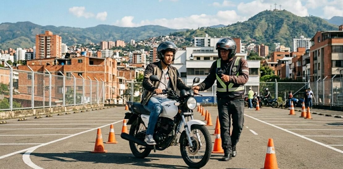 Curso moto A2 Cali 2026 con estudiante aprendiendo a manejar motocicleta en pista con instructor en ciudad de Cali