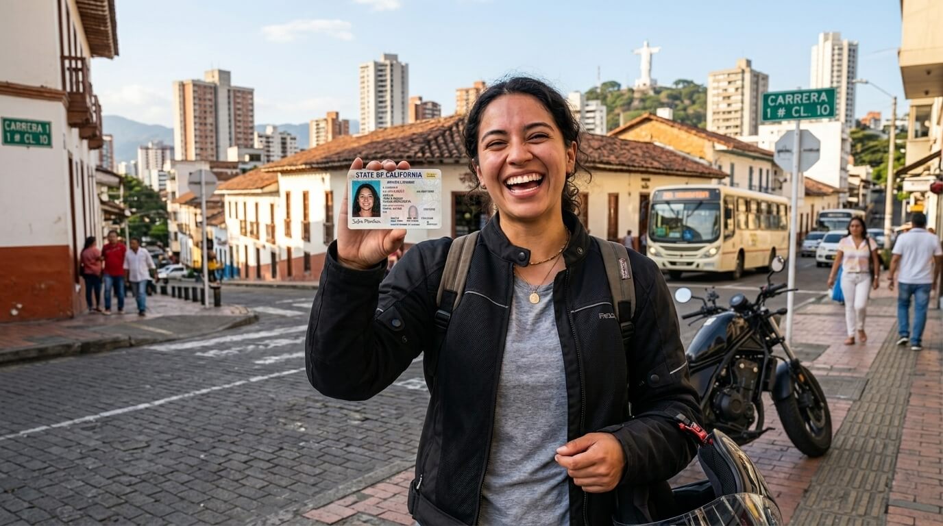Licencia moto A2 aprobada en Cali con conductor feliz después de completar el curso